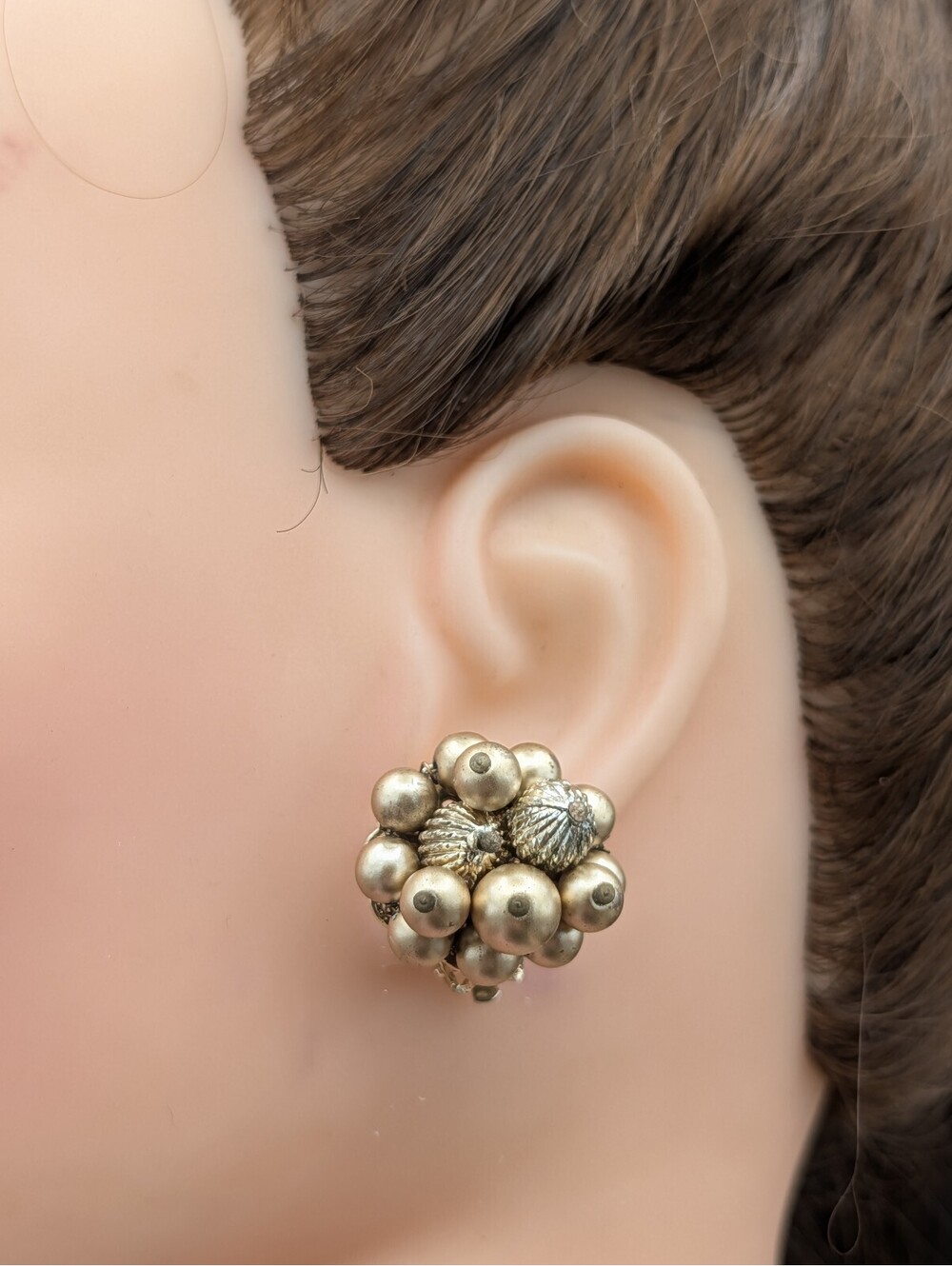 Vintage Japan Gold Tone Beaded Cluster ClipOn Earrings Textured Pearlized Sphere